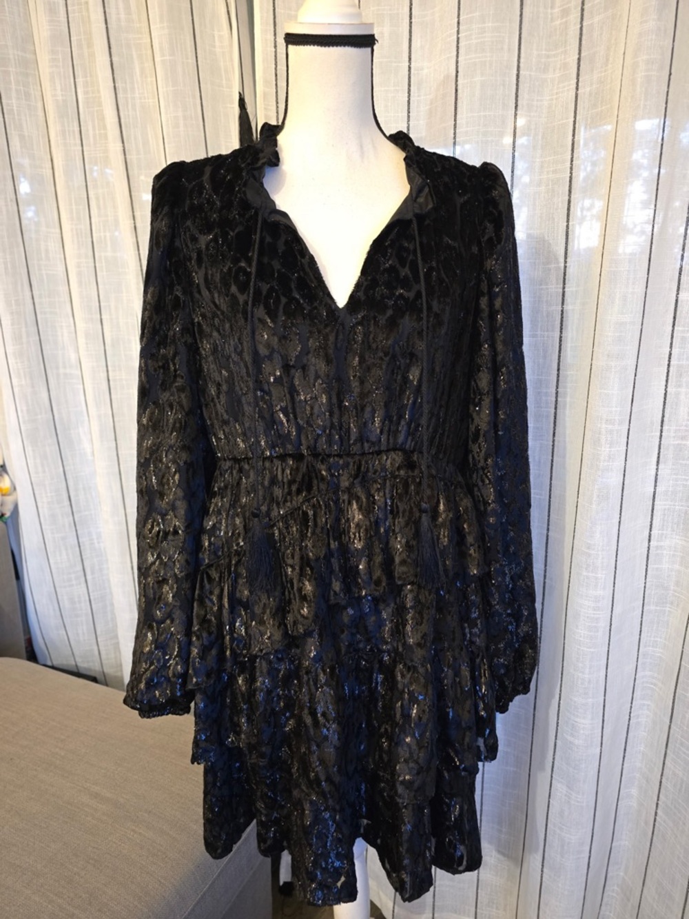 Marie Oliver Black Long Sleeve Tiered V-Neck Dress with Tassel Waist
